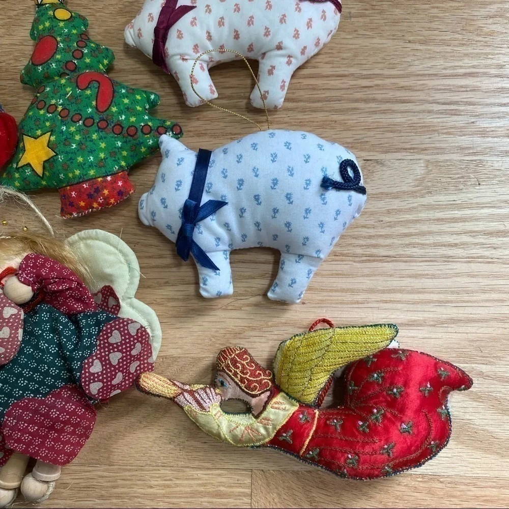 Vintage Stuffed Pig Santa Christmas Ornaments Sewn Plush Angel Tree